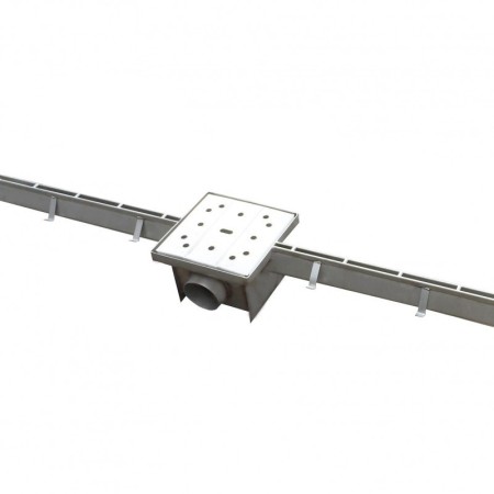 100 h gutter water evacuation line with square drain, lateral outlet d110 with basket, AISI 304 stainless steel.