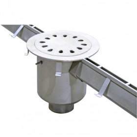 Water evacuation line, with round drain, vertical d110 outlet, with basket, AISI 304 stainless steel.