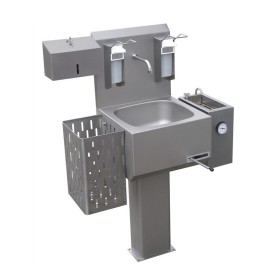 Fully equipped sink with pedestal and rear wall, 530/950x450x1450h, AISI 304 stainless steel.