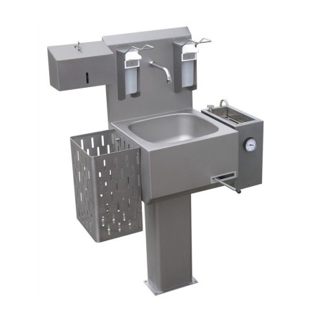 Lavabo avec pied et paroi arrière entièrement équipé, 530/950x450x1450h, acier inoxydable AISI 304.