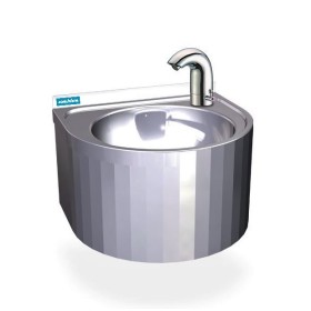 Small wall-mounted washbasin with sensor cannula and temperature selector