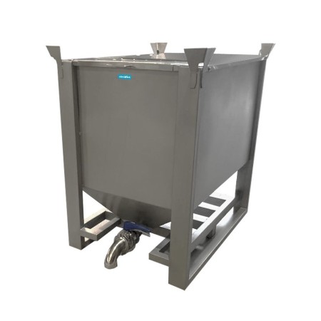 Stackable pallet tank of 500L, for chocolate with lower outlet, 800x1100x865h, AISI 304 stainless steel.