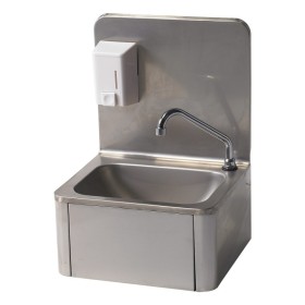 Wall-mounted hand basin with panel, femoral-operated and dispenser, 400x340x205/570h, AISI 304 stainless steel.