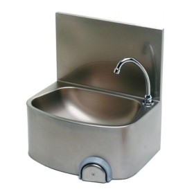 Wall-mounted hand basin, femoral-operated and with panel, 480x360x250/520h, 2mm AISI 304 stainless steel.