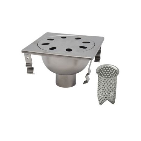 drain 200x200x130h with basket, vertical exit d63 in AISI 304 stainless steel.