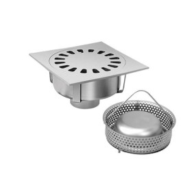 Drain 250x250x135h with basket, vertical outlet d80, AISI 304 stainless steel.