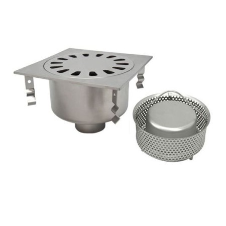 Drain 250x250x165h with basket, vertical outlet d80, AISI 304 stainless steel.