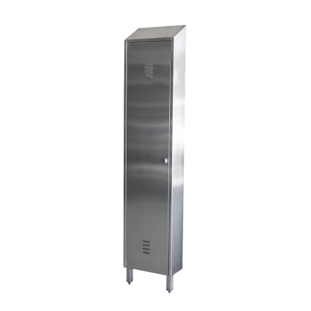 Small wall locker, 1 door, 2 shelves, 440x200x2085h, black knob lock, individual key, AISI 304 stainless steel.