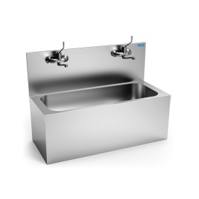 Wall-mounted sanitary washbasin with sanitary taps, 1200x500x850h, stainless steel AISI 304.